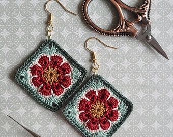 Micro Crochet Earrings, crochet jewelry, crochet flower, African Flower Square Earrings, Flower Earrings