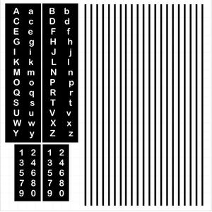 May include: Black and white alphabet chart with capital and lowercase letters, numbers 1 through 9, and a grid of vertical black lines.