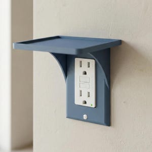 Op de afbeelding: Een blauw wandrek met een ingebouwd stopcontact. Het rek heeft een rechthoekige bovenkant en gebogen steunen. Het stopcontact is wit met twee sleuven en een test/reset-knop. Een klein groen lampje brandt.