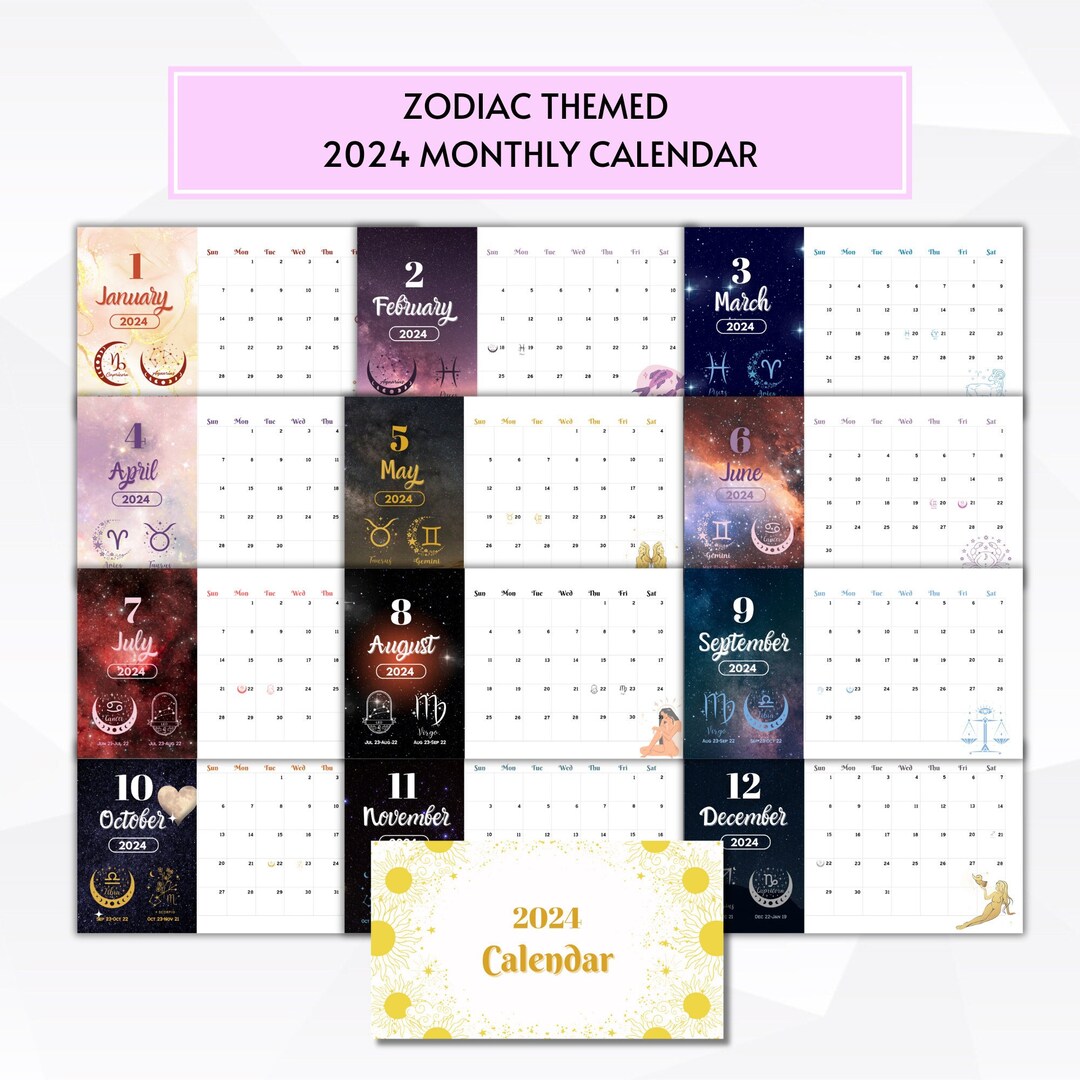 2024 Monthly Calendar Zodiac Calendar Printable Calendar Etsy