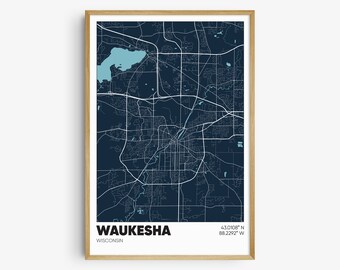 Waukesha Map Print, Wisconsin Wall Art, Waukesha WI Poster