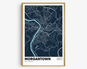 Morgantown Map Print, West Virginia Wall Art, Morgantown WV Poster, Graduation Gift