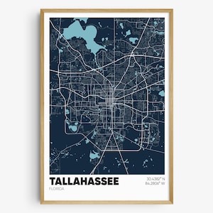 May include: A dark blue map of Tallahassee, Florida with light blue water features. The city name and coordinates are printed at the bottom of the map. "Tallahassee, Florida 30.4382° N 84.2806° W"