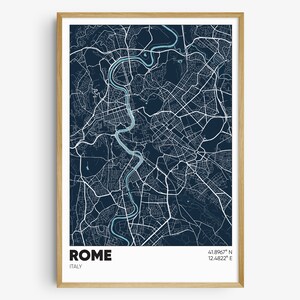 May include: A minimalist map print of Rome, Italy, with a dark blue background and light blue river. The city name "ROME" and the coordinates "41.8967° N 12.4822° E" are printed in white at the bottom of the map.