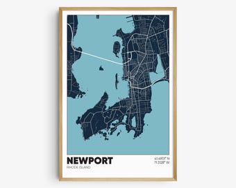 May include: A map of Newport, Rhode Island, with a blue background and dark blue lines showing the streets. The city is located on a peninsula with a body of water surrounding it. The text "NEWPORT" and "RHODE ISLAND" are printed below the map, along with the coordinates "41.4907° N 71.3128° W".