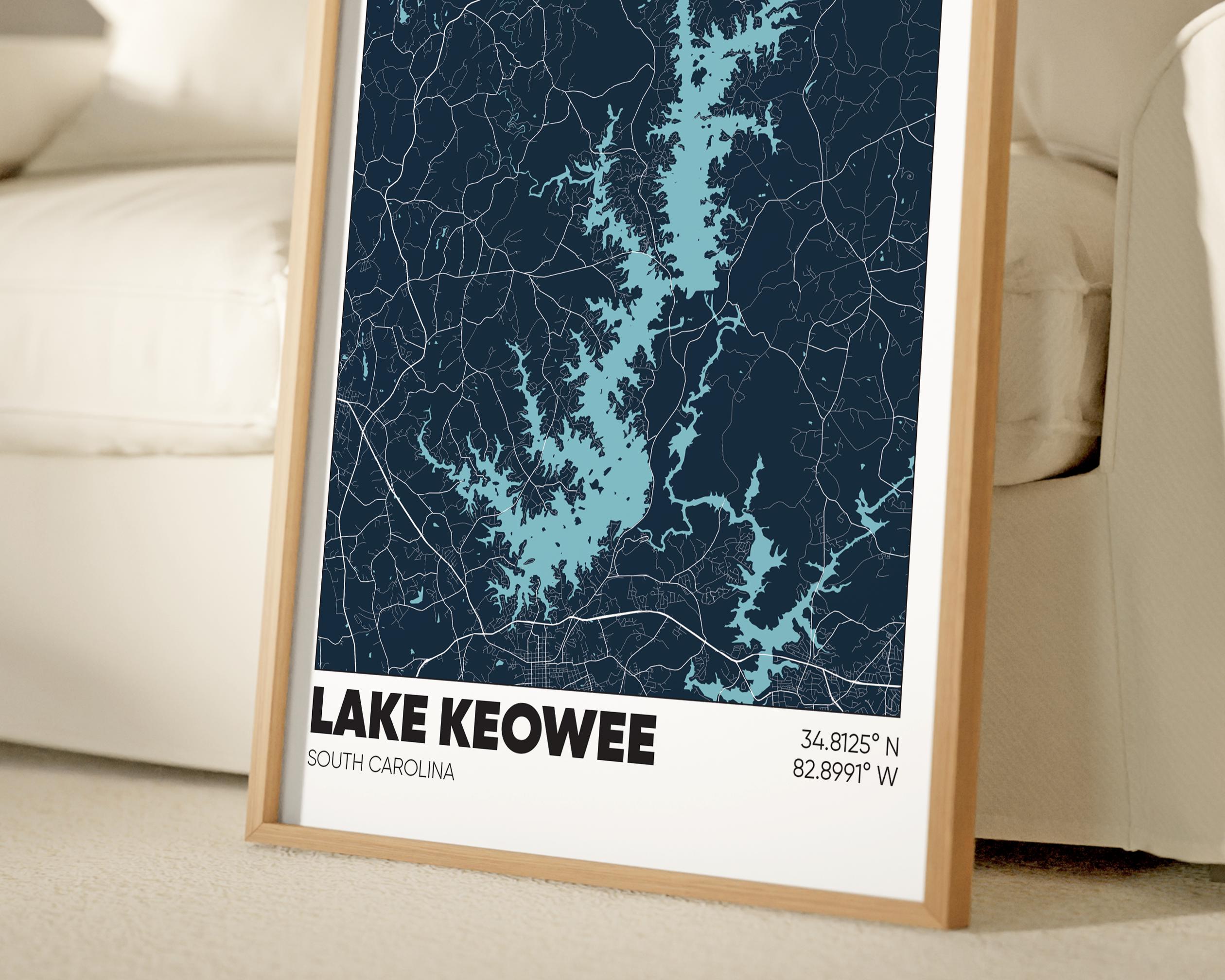 Lake Keowee Map Print, South Carolina Wall Art, Lake Keowee SC Poster ...