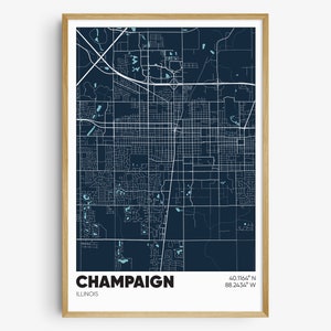 May include: A map of Champaign, Illinois, with a dark blue background and white lines showing the streets. The city name is written in white at the bottom of the map, along with the coordinates 40.1164° N 88.2434° W.