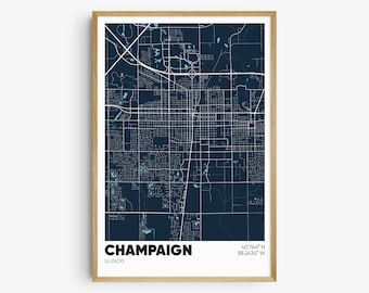 Champaign Map Print, Illinois Wall Art, Champaign IL Poster