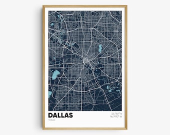 May include: A dark blue map of Dallas, Texas with white lines showing the streets and roads. The map is framed in a light wood frame. The text "DALLAS" is printed in white at the bottom of the map, along with the coordinates "32.7767° N 96.7970° W" and the word "TEXAS" in smaller white text.