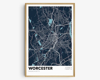 Worcester Map Print, Massachusetts Wall Art, Worcester MA Poster