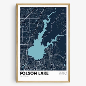 May include: A map of Folsom Lake, California, with the lake highlighted in light blue and the surrounding area in dark blue. The coordinates 38.7292° N 121.1195° W are listed below the lake.