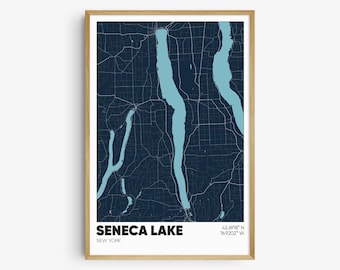May include: A map of Seneca Lake in New York State, with the lake highlighted in blue. The map is on a dark blue background with white lines representing roads. The text "SENECA LAKE" is in white at the bottom of the map, with "NEW YORK" below it. The coordinates "42.6918° N 76.9202° W" are in white at the bottom right of the map.