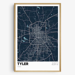 May include: A dark blue map print of Tyler, Texas with white lines showing the city streets. The city name and coordinates are printed in white at the bottom of the map.