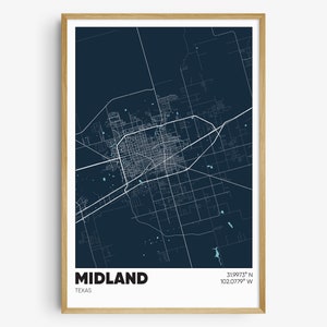May include: A framed map print of Midland, Texas, in a minimalist style. The map features white lines against a dark blue background, with the city name and coordinates at the bottom. The frame is a light wood color.