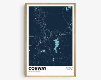 May include: A dark blue map of Conway, New Hampshire, with white lines showing the roads and a light blue lake. The text "CONWAY" and "NEW HAMPSHIRE" are at the bottom of the map, along with the coordinates "43.9792° N 71.1203° W".
