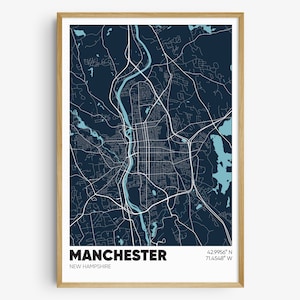 May include: A dark blue map print of Manchester, New Hampshire, with a light blue river and surrounding bodies of water. The city name and coordinates are printed in white at the bottom of the map.