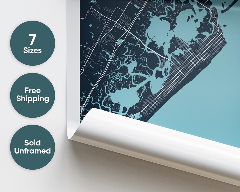 May include: A blue and white city map print with the text "7 Sizes", "Free Shipping", and "Sold Unframed".
