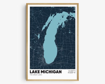 Lake Michigan Map Print, The Great Lakes Wall Art, Lake Michigan Poster