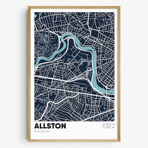 May include: A navy blue map print of Allston, Boston, MA. The map shows the streets and waterways of the neighborhood. The text "Allston" and "Boston, MA" are printed in white at the bottom of the map. The coordinates "42.3555° N 71.1328° W" are printed in white in the bottom right corner.