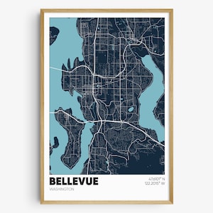 May include: A navy blue map print of Bellevue, Washington with the city name and coordinates, 47.6101° N 122.2015° W, printed below the map.