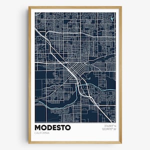 May include: A dark blue map of Modesto, California, with white lines showing the streets and a blue river. The city name is written in white at the bottom of the map, along with the coordinates 37.6393° N 120.9997° W.