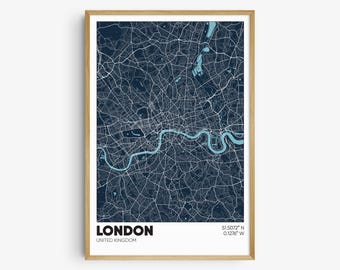 May include: A blue and white map print of London, England. The map shows the city's streets and the River Thames. The text "LONDON" and "UNITED KINGDOM" are printed below the map, along with the coordinates "51.5072° N 0.1278° W".