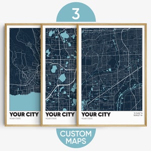 Set of 3 Custom Maps, Three Personalized Map Prints, Any City Map Prints, Customizable Map Art, Custom Map Gift