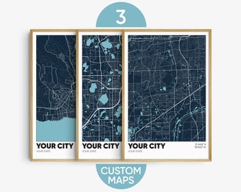 Set of 3 Custom Maps, Three Personalized Map Prints, Any City Map Prints, Customizable Map Art, Custom Map Gift