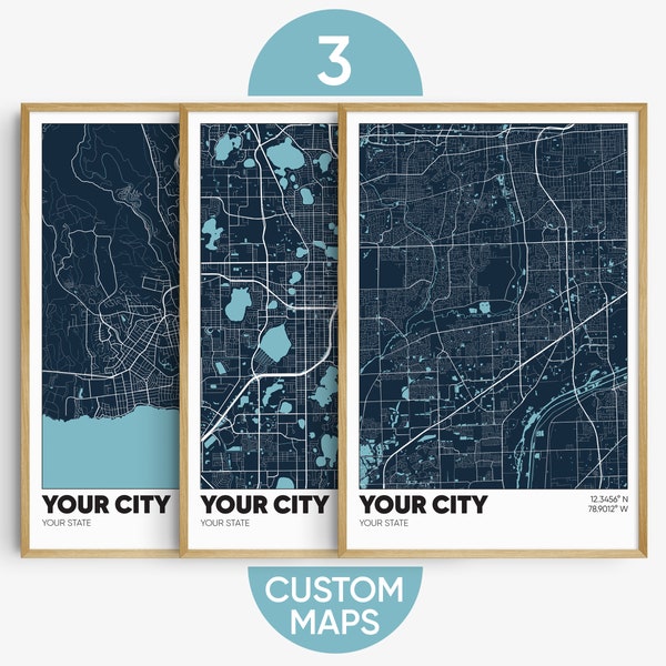 Set of 3 Custom Maps, Three Personalized Map Prints, Any City Map Prints, Customizable Map Art, Custom Map Gift