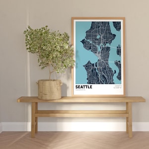 May include: A framed map of Seattle, Washington with a blue and white color scheme. The map is hanging on a light wood wall shelf with a potted plant in a woven basket.
