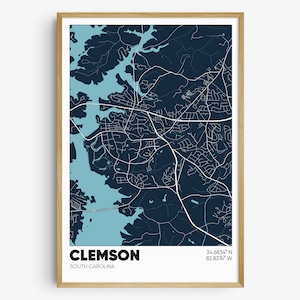 Clemson Map Print, South Carolina Poster, Clemson SC Wall Art, Graduation Gift