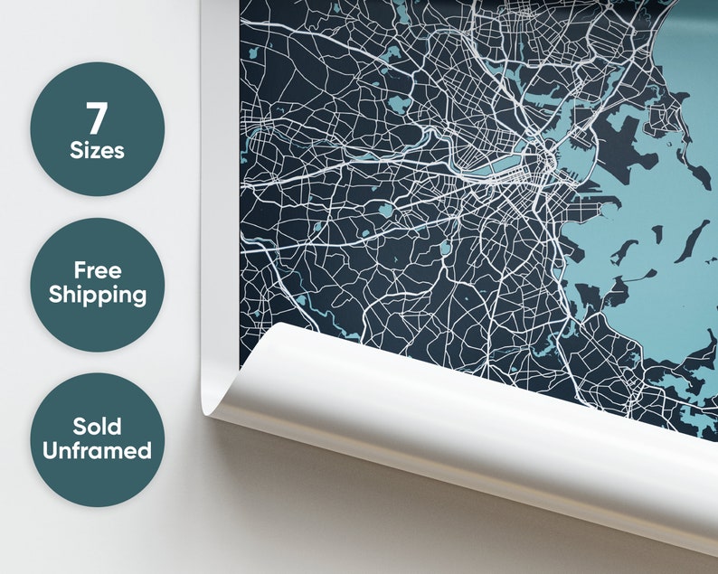 Boston Map Print City Wall Art Boston Massachusetts Poster Etsy