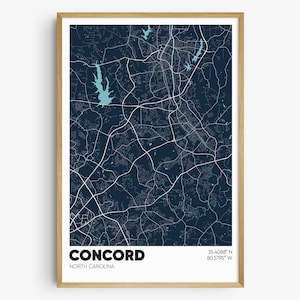 May include: A dark blue map print of Concord, North Carolina, with white lines showing the streets and bodies of water in light blue. The city name and location are printed in white at the bottom of the map.