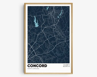 Concord NC Map Print, North Carolina Wall Art, Concord NC Poster