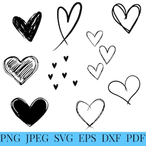 May include: A set of 10 black and white hand-drawn heart shapes. The hearts are in various sizes and styles, including simple outlines, filled-in shapes, and scribbled designs.