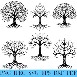 Puede incluir: Conjunto de seis diseños de árboles de silueta en blanco y negro. Cada árbol tiene una forma y un estilo únicos, con ramas y raíces intrincadas. Los árboles son perfectos para usar en proyectos de manualidades, decoración del hogar o diseño digital.