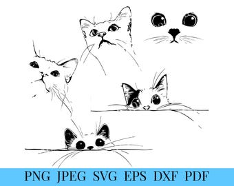 Cat Face Silhouettes Vector Art, Black Cat Design (Digital Download)