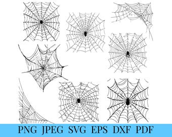May include: A set of eight black and white spider web illustrations. The webs are drawn in a simple, hand-drawn style. They are perfect for use in Halloween crafts, decorations, and designs.