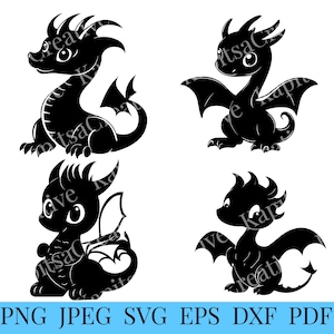 May include: Four black silhouette images of dragons with wings and tails. The dragons are in different poses, some are facing forward and some are facing sideways.
