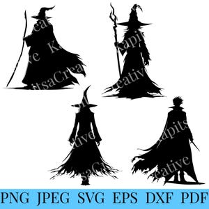 May include: Four black silhouette images of wizards with pointed hats and robes. Each wizard is holding a staff or a sword. The images are isolated on a white background.