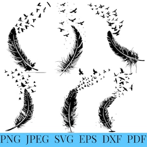 May include: Black and white digital art featuring six stylized feathers with flocks of birds. The feathers are detailed with intricate lines, and the birds are depicted in flight, creating a sense of movement. The image includes file type options: PNG, JPEG, SVG, EPS, DXF, and PDF.