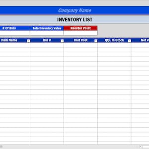 May include: A digital inventory list template with a blue and gray color scheme. The spreadsheet includes fields for item number, name, bin, unit cost, quantity in stock, and net value. The top section has fields for company name and inventory details.