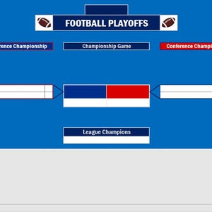 May include: A blue and white football playoff bracket template with text labels for each round, including "Wildcard Playoff Games" and "Championship Game." The top banner reads "FOOTBALL PLAYOFFS" with football graphics on each side.