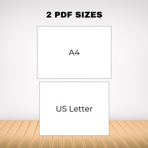 Pode incluir: Dois ret&acirc;ngulos brancos sobre um fundo cinza claro com o texto "2 PDF SIZES" no topo. O primeiro ret&acirc;ngulo tem o texto "A4" dentro. O segundo ret&acirc;ngulo tem o texto "US Letter" dentro. Os ret&acirc;ngulos est&atilde;o sobre uma superf&iacute;cie de madeira marrom claro.