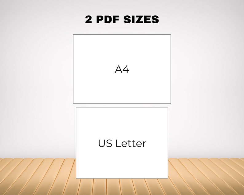 Pode incluir: Dois ret&acirc;ngulos brancos sobre um fundo cinza claro com o texto "2 PDF SIZES" no topo. O primeiro ret&acirc;ngulo tem o texto "A4" dentro. O segundo ret&acirc;ngulo tem o texto "US Letter" dentro. Os ret&acirc;ngulos est&atilde;o sobre uma superf&iacute;cie de madeira marrom claro.