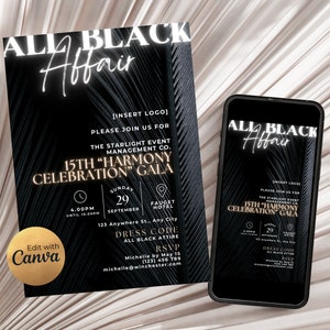 Può includere: Un invito in nero e oro per un 15° Gala di "Celebrazione dell'Armonia". L'evento si terrà domenica 29 settembre dalle 16:00 alle 22:00 presso l'Hotel Fauget, 123 Anywhere St., Any City. Il codice di abbigliamento è tutto nero. RSVP a Michelle entro il 15 maggio al (123) 456 709 o michelle@winchester.com.