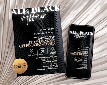 Elegant All Black Affair Gala Invitation, Black Tie Affair Banquet Invitation for Gala Program, Prom Flyer or Corporate Invitation
