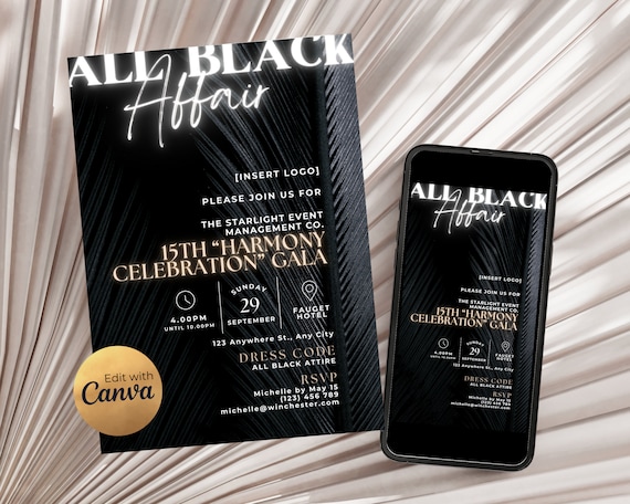 Elegant All Black Affair Gala Invitation, Black Tie Affair Banquet Invitation for Gala Program, Prom Flyer or Corporate Invitation