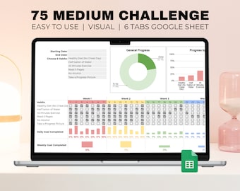 Editable 75 Medium Challenge Tracker Google Sheets, Weight Loss Fitness Tracker with Workout Planner, Reading Tracker and Meal Planner