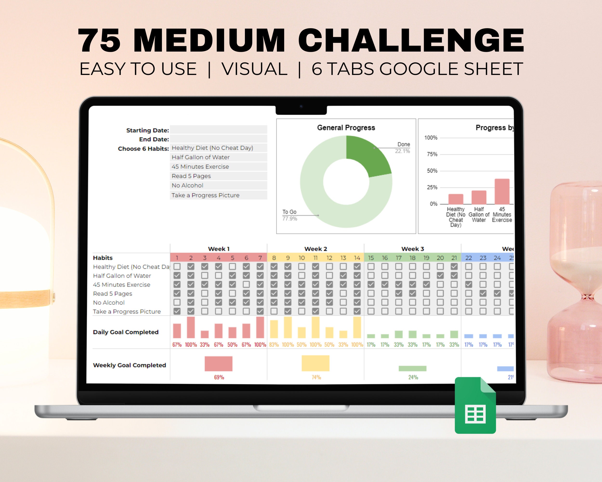 Editable 75 Medium Challenge Tracker Google Sheets, Weight Loss Fitness ...